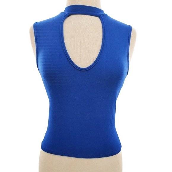 Gaze USA Shirt Sleeveless High-Neck Cut-out Keyhole Open Chest Blue Vintage y2K - Picture 2 of 8